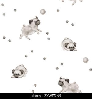 Nahtloses Muster von Tierhunden und Pfoten, Ball für Kinder. Handgezeichnete Illustration eines Mops, der auf isoliertem Hintergrund läuft oder springt. Minimalistisch Stockfoto