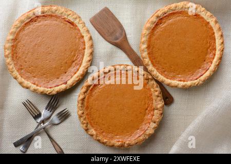 Hochwinkelaufnahme von drei frisch gebackenen Thanksgiving-Kürbiskuchen, auf einem Sackleinen-Tischtuch. Horizontales Format mit Gabeln und Holzspachtel. Stockfoto