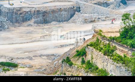 Blick aus der Vogelperspektive auf den großen Steinbruch mit Baggern und Terrassenfelswänden Stockfoto