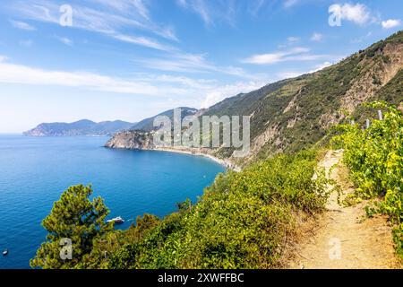 Manarola, Italien - 2. August 2023: Wunderschöne Landschaft der fünf Länder Region (Cinque Terre) in Italien Stockfoto