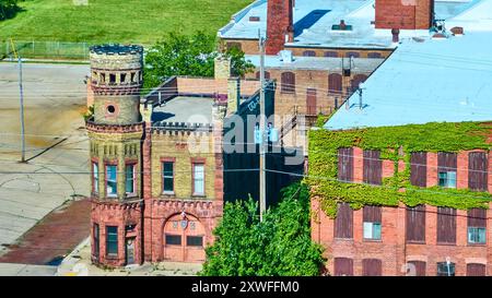 Blick aus der Vogelperspektive auf historische Backsteinhäuser mit Ivy in Racine Wisconsin Stockfoto