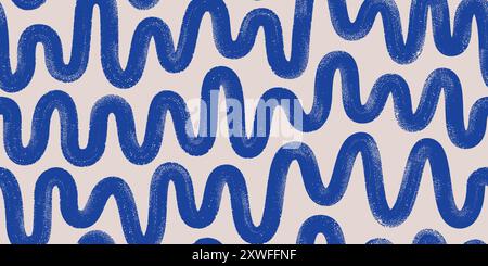 Pinsel, Marker, Tinte gezeichnet, fließende Kritzellinien nahtloses Muster. Abstrakter moderner geometrischer blauer welliger Ornament Vektor-Hintergrund. Stock Vektor