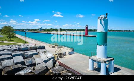 Blick aus der Vogelperspektive auf den Red Lighthouse und Pier am sonnigen Tag Stockfoto