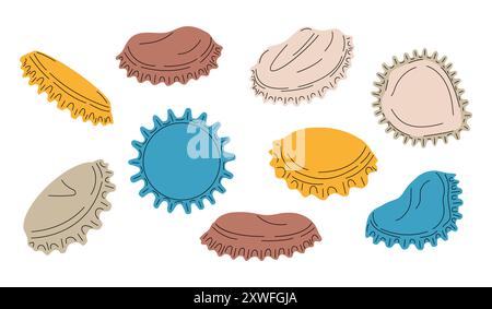 Vektorillustration mit einem Satz gebrauchter Metallkappen aus Glasflaschen. Diese Kappen, die Anzeichen von Verschleiß zeigen, sind perfekt für Projekte Stock Vektor