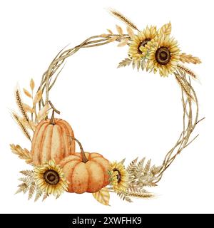 Herbst-Aquarellkranz mit Kürbissen und Sonnenblumen. Zeichnung des Herbstrahmens mit Blumen, Blättern und Zweigen für Erntefestschablone. Kreisförmiger Rand für Oktoberfest- oder Halloween-Karten. Stockfoto