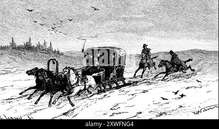 Nach seinen großen Verlusten in der extremen Kälte des Winters 1812 flieht Kaiser Napoleon in einem Schlittenwagen nach Westen, Russland, historische Abbildung 1882, Stockfoto