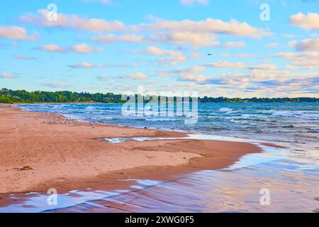 Ruhige Strandszene mit Möwen und sanften Wellen auf Augenhöhe Stockfoto