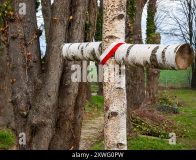 Ein Birkenfriedhofkreuz mit einem Emblem in polnischen Nationalfarben. Ein Kreuz zum Gedenken an Soldaten, die während des polnischen Krieges gestorben sind Stockfoto