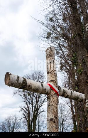 Ein Birkenfriedhofkreuz mit einem Emblem in polnischen Nationalfarben. Ein Kreuz zum Gedenken an Soldaten, die während des polnischen Krieges gestorben sind Stockfoto