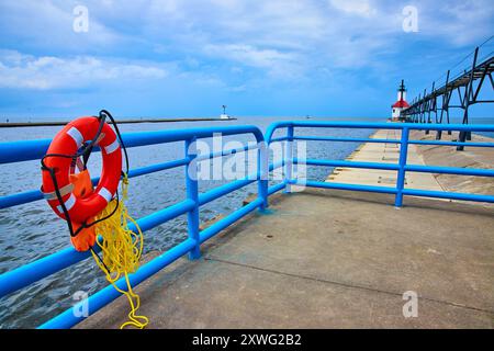 Life Preserver und Lighthouse am Pier, Perspektive auf Augenhöhe Stockfoto