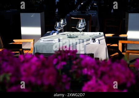 Im Vordergrund der Szene befindet sich ein wunderschön angeordneter Tisch, der mit einer Vielzahl von leuchtenden lila Blumen geschmückt ist, die die Aufmerksamkeit auf sich ziehen Stockfoto