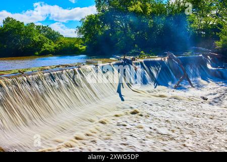 Wasserfall über dem Weir mit Baumschutt in üppigem Wald Low Perspective Stockfoto