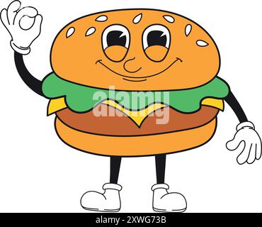 Hamburger Maskottchen im Retro-Cartoon-Stil. Essenscharakter isoliert auf weißem Hintergrund Stock Vektor