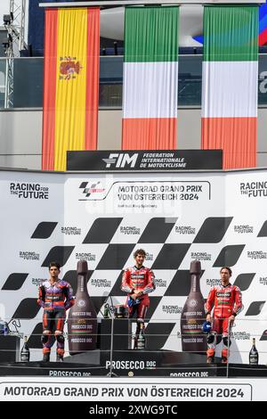 Das Podium des MotoGP Motorrad Grand Prix von Österreich 2024 mit Jorge MARTIN (SPA) - Prima Pramac Racing (links), Francesco BAGNAIA (ITA) - Ducati Le Stockfoto