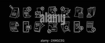 Buntstift Zeichnung Kritzelrechnung, Dokumente und Lebenslauf. Kreidebrett Vektor Illustration. Symbolsatz für Skizzen von Business Papers. Rechnung und Steuerzahlungskonzept Stock Vektor