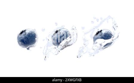 Blaubeere, die in Wasser fallen, Spritzwasser-Modell, Tiefenschärfe, 3D-Rendering. Leere Beeren unter Wasser reife Spritzer-Mock-up, isoliert. Klare Spritzer Stockfoto