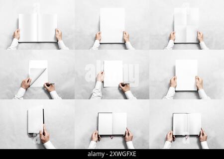 Hand mit leerem weißem Papier und Buchmodell, 3D-Rendering. Leere Broschürenseite, Notizbuch- und Dokumentenschilderhalter, grauer Hintergrund. Löschen Sie n Stockfoto