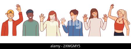 Die Schüler lächeln und winken mit den Händen. Multikulturelle Menschen, verschiedene Nationalfiguren, glückliche Jungs und Mädchen für Freizeitkleidung, männlich und weiblich Stock Vektor