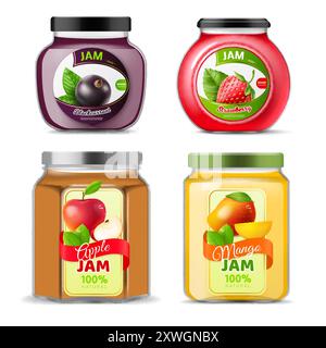 Papierstaus Jalousien. Realistische süße Beerenkonserven in Glasflaschen in verschiedenen Formen. Verschiedene Geschmacksrichtungen schwarze Johannisbeere, Erdbeere, Apfel und Mango. Nachtisch Stock Vektor