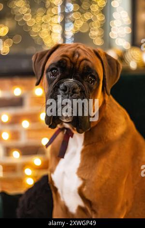 Ferienatelier-Fotografie eines Boxerhundes mit weihnachtlichem Thema Stockfoto