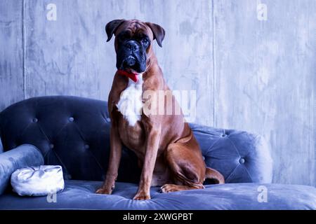 Ferienatelier-Fotografie eines Boxerhundes mit weihnachtlichem Thema Stockfoto