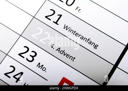Jahreskalender 2024, Winterbeginn und 4. Adventszeit Stockfoto