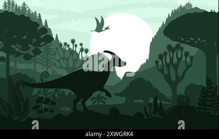 Prähistorische Dinosaurier-Silhouette im Jurassic Forest oder Dschungelpark, Vektor-Hintergrund. Cartoon-Dinosaurier und prähistorische Dino-Echsen-Silhouetten im grünen Wald mit Pterodactyl und parasaurolophus Stock Vektor