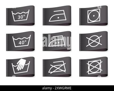 Schwarze Wäschetiketten. Textilwaschanweisungen für Baumwollkleidung, Trocknen, Bleichen, Wassertemperatur, Bügeln und Reinigen. Symbole für Pflege mit Stock Vektor