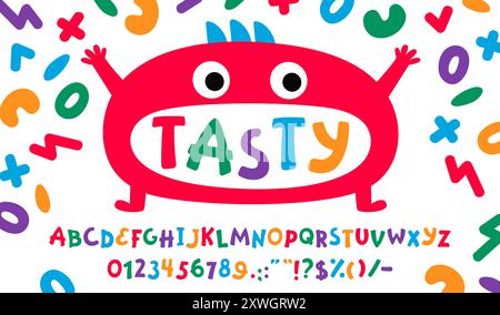 Lustige süße Schriftart, kindliche Schrift, Spielspielschrift, Kinder englisches Alphabet der Farbe Comic Buchstaben und Zahlen Vektor Typografie Set. Niedliche Monster-Figur mit lustiger abc-Schriftart Stock Vektor