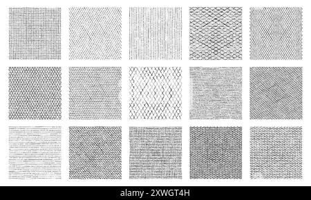 Linien-Schraffurmuster, Kreuzschraffur Texturvektor nahtlose Hintergründe von Vintage Hand gezeichneten schwarzen Stift, Tinte oder Bleistift Schraffur. Skizzenmuster Set aus groben parallelen Fülllinien geometrischen Ornamenten Stock Vektor