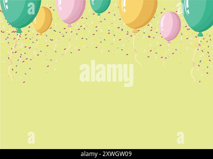 Ballons und Konfetti auf gelbem Hintergrund Banner Stock Vektor