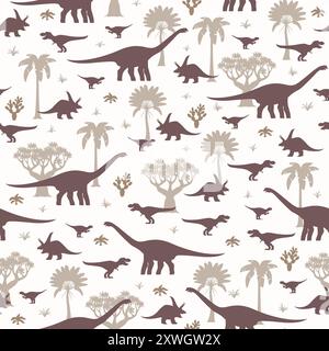 Prähistorische Dinosaurier nahtloses Muster mit jurassischen Eidechsen und Palmen, Vektor-Hintergrund. Kindermuster mit lustigen prähistorischen Dinosauriern von Tyrannosaurus T-rex, Velociraptor und Bagaceraptoren Stock Vektor