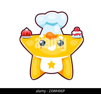 Niedlicher Kawaii Chef Star Charakter mit Gebäck Kuchen, Comic Vektor Emoticon. Lustiger Comic-Kawaii-Star mit glücklichem Lächeln im Gesicht in Kochmütze und Schürze mit Bäckerei-Muffins und Cupcakes für Kinder-Emoji Stock Vektor