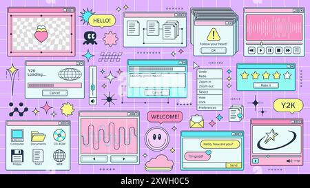 Y2K-Retro-Browserfenster-Seite der Computerschnittstelle oder des PC-Bildschirms, Cartoonvektor. Retro 90s Y2K Computer zeigen Fenster mit Registerkarten des Internet-Browsers, Ladeleiste und Musik-Player auf rosa Hintergrund an Stock Vektor