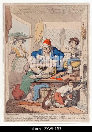 Eine humorvolle, farbige Gravur mit Cartoondruck des Elends des menschlichen Lebens, Aquarellgravur auf Papier menschliche Karikaturen georgianische Ära von Nicolas Heidelhoff antikes satirisches Vintage-Printkunstwerk von Rudolf Ackermann Stockfoto