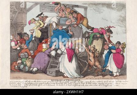 Eine humorvolle, farbige Gravur mit Cartoondruck über das Elend der Reise in die überladene Kutsche, Aquarellgravierung auf Papier menschliche Karikaturen Satire Humor aus der georgianischen Ära des 18. Jahrhunderts, von Thomas Rowlandson geschaffen. Antike Vintage-satirische Druckkunst, überfüllte Postkutsche Stockfoto