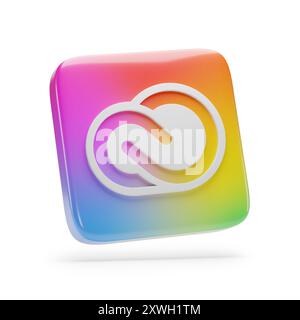 Dreidimensionales Adobe Creative Cloud-Logo auf weißem Hintergrund. 3D-Abbildung. Stockfoto