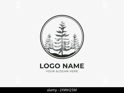 Logo Pine Forest, Pine Tree in Circle Border. Natur, botanisches Logo. Bearbeitbare Farbe Stock Vektor