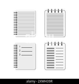 Notizbuchsymbole eingestellt. Vektorabbildungen. Spiralgebundene Seiten. Organisierte Listen. Stock Vektor