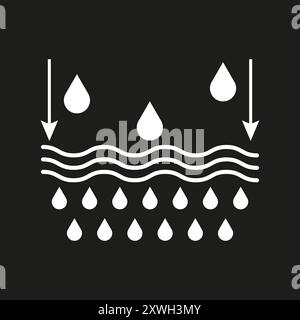 Symbol Wasserfiltration. Tropfen und Wellen. Verfahren mit sauberem Wasser. Schwarzer Vektorhintergrund. Stock Vektor