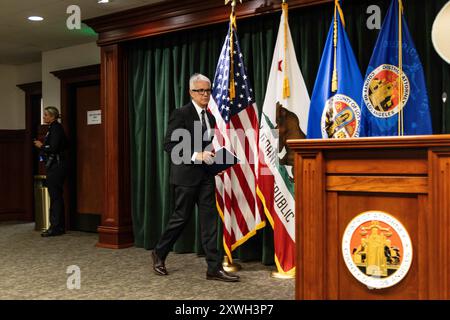 Los Angeles, USA. August 2024. Vier Männer wurden wegen des Todes des Schauspielers Johnny Wactor angeklagt. George Gascon, Bezirksstaatsanwalt von Los Angeles, gab die Verhaftung der vier Verdächtigen bekannt, wobei zwei von ihnen wegen Mordes wegen besonderer Umstände angeklagt werden müssen. Wactor wurde am 25. Mai 2024 bei einem versuchten Raubüberfall auf den Katalysator seines Autos in der Innenstadt von Los Angeles erschossen. 19/2024 Los Angeles, CA., USA (Foto: Ted Soqui/SIPA USA) Credit: SIPA USA/Alamy Live News Stockfoto