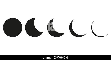 Mondphasensymbole. Fünf einfache Formen. Schwarzes, sichelförmiges Design. Lunar Cycle Konzept. Stock Vektor