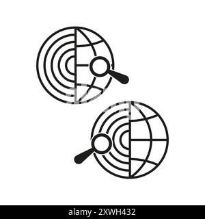 Symbol für globale Suche. Kreisförmiges Kartensymbol. Vergrößerungsglas. Vektorkonzept. Stock Vektor