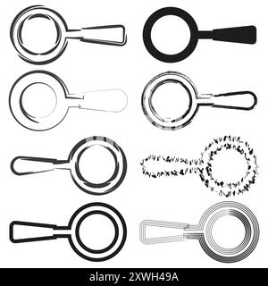 Lupensymbole. Symbole für abstrakte Suchwerkzeuge. Handgezeichnete Stilvarianten. Vektorelemente. Stock Vektor