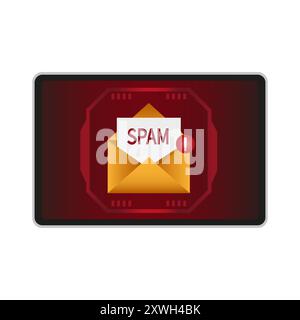 Symbol für Spam-Warnung. Gelber Kuvertfokus. Rote Hintergrundwarnung. Abbildung der Vektornachricht. Stock Vektor