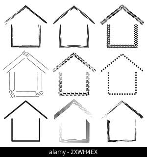 Satz abstrakter Haussymbole. Verschiedene Linienarten. Schwarz-weiß-Vektor-Design. Stock Vektor