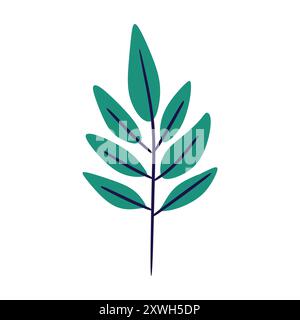 Einfacher, stilisierter Zweig mit mehreren grünen Blättern und dunkelblauem Stiel. Perfekt für minimalistische Designs, Branding und Social-Media-Grafiken. Stock Vektor