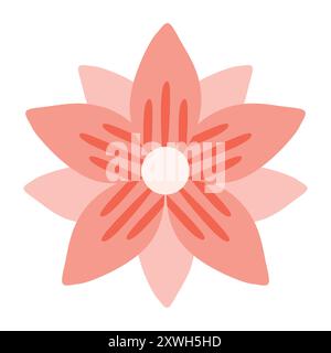 Einfache, stilisierte rosa Blüte mit sechs abgerundeten Blütenblättern und einem weißen Punkt in der Mitte. Perfekt für minimalistische Designs, Branding und Social-Media-Grafiken. Flora Stock Vektor
