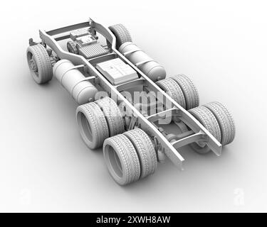 Tonwiedergabe des FCV-Halb-Lkw-Fahrgestells auf grauem Hintergrund. Brennstoffzellen-Wasserstoffsystem mit Stack, Batterie, H2-Gastanks und Motor. 3D-Bild. Stockfoto