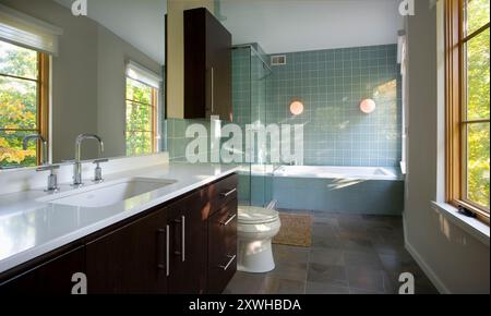 Modernes Bad mit dunklen Schränken und aquafarbenen Fliesen um Badewanne und Dusche Stockfoto